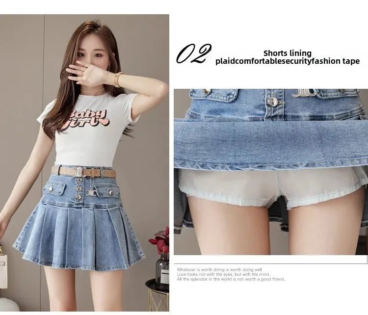 High-Waisted Denim Skirt Women's Slimming Mini Dress 2024 Spring Summer European Style Half Skirt Age-Reducing Fashionable Pleat