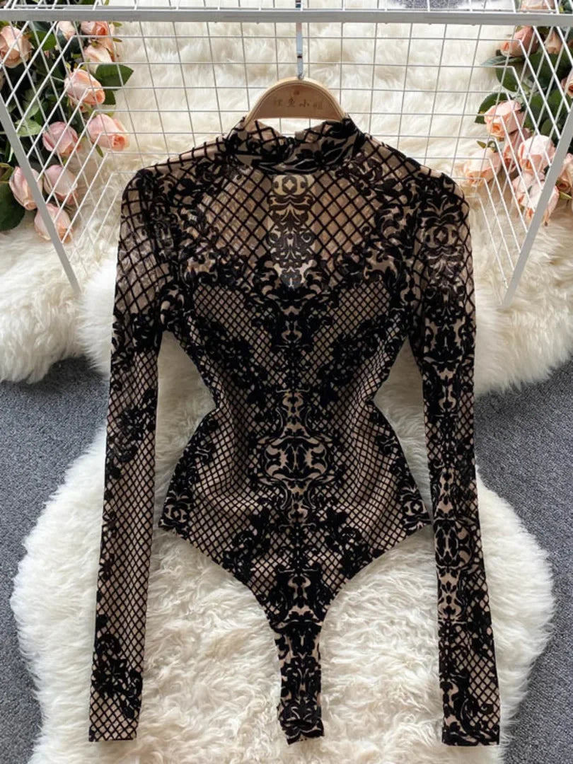 Autumn New Floral Print Bodysuit for Women Fashion Streetwear Elegant Stand Collar Long Sleeve Tight Fit Mesh Body Top Chic 2024