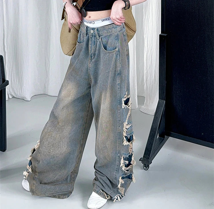 Kids Child American Vintage Washed and Distressed Jeans with Side Hole For Girl High Street Fashion  Wide Leg Broken Denim Pants