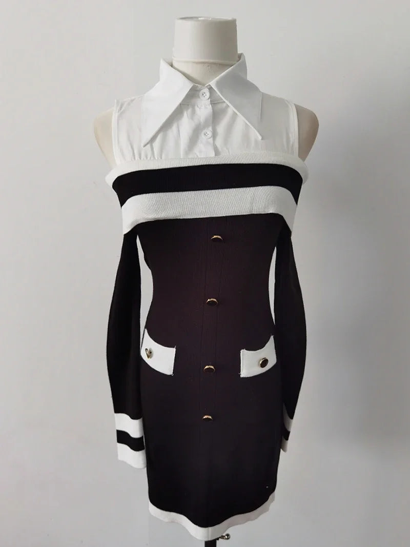 Hot Girl Off Shoulder Long-sleeved Knitted Dress Women's Autumn Fake Two-piece Shirts Spliced Sexy Wrapped Hip Short Dress