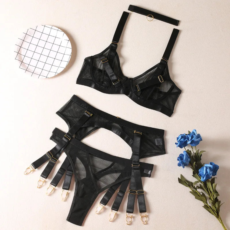 Cross-border new black mesh heavy-duty push-up bra with steel ring garter belt sexy sister lingerie set neck strap