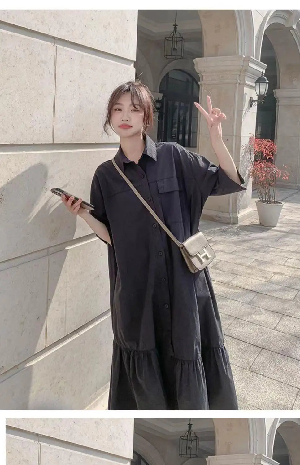 plus Size Khaki Shirt Dress Women Casual Summer Loose Fit High Waist A-Line Skirt Long Sleeve Polo Collar Polyester Fiber