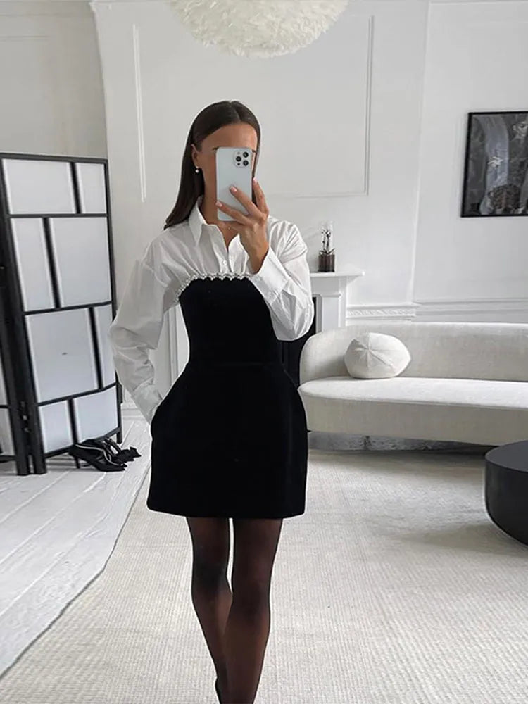 Pearl Velvet Mini Slip Dress Black Halter Sexy Slim Fit Waist Cinched Socialite Party Evening Gown Women Short A-Line Dresses