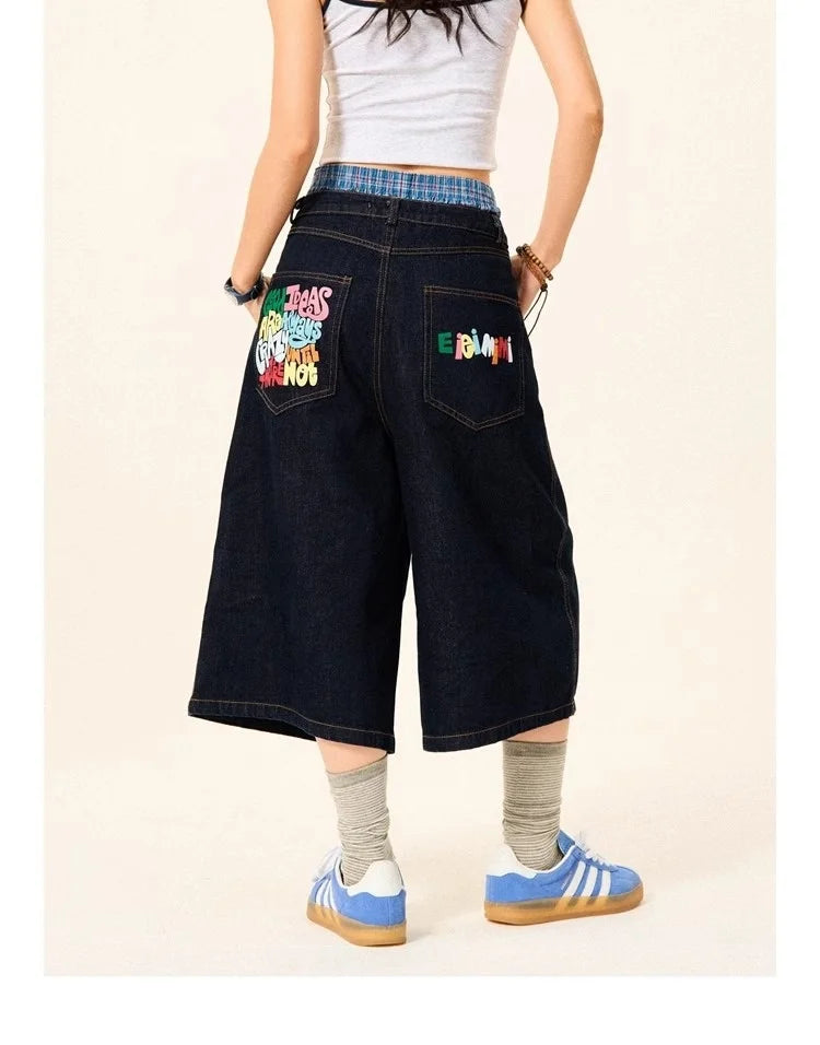 Summer High Street Letter Printing Washing Denim Shorts Men and Women American Retro Casual Loose Straight Cropped Pants Trendy