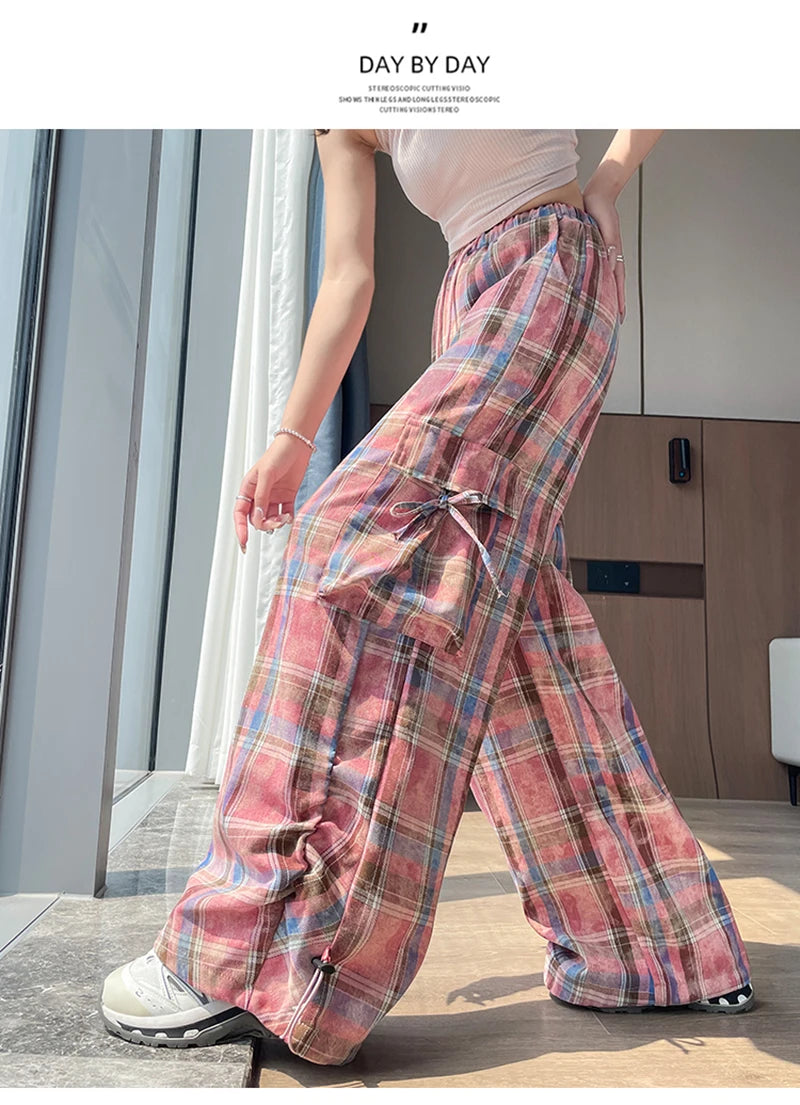 Zoki Women Streetwear Plaid Cargo Pant Vintage Loose High Waist Pockets Trousers Y2K American Casual Hip Hop Lace Up Bf Pants