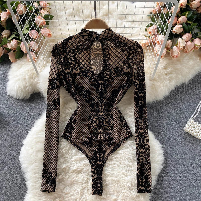 Autumn New Floral Print Bodysuit for Women Fashion Streetwear Elegant Stand Collar Long Sleeve Tight Fit Mesh Body Top Chic 2024