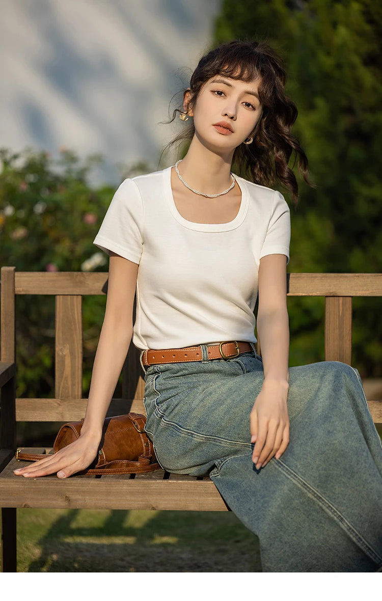 MISHOW Short Sleeve T-shirts Women Spring Solid Square-neck Top Elegant Woman Clothes Office Lady Cotton Tees MXC12T0641