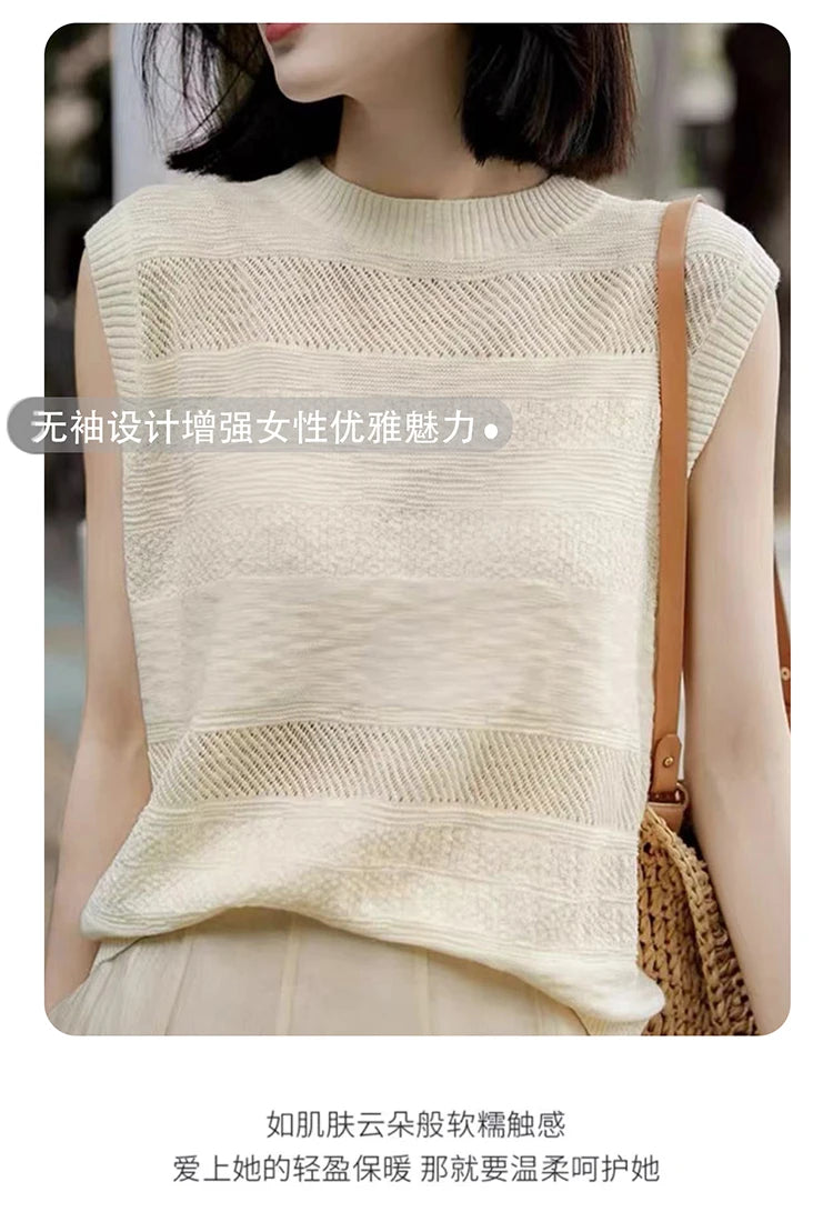 Women's Fashion Sleeveless Tees ONeckPullover Summer Worsted Wool Top Hollow Out T-Shirts Simple Elegant And Smooth Cool Comfort