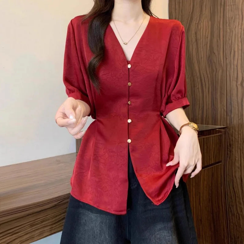 Women Clothes Summer Fashion Korean Button Solid Color V-neck Puff Sleeve Female Simplicity Elegant Temperament Short Sleeve Top