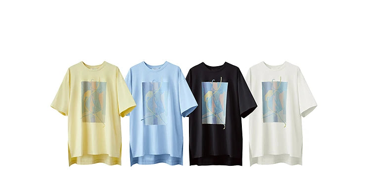 Amii Minimalist Summer T-shirt Women Irregular Design Tops Casual O-neck Abstract Print Loose Dropped Shoulder T-shirt 12522081