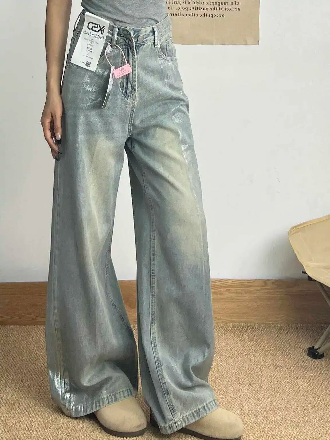 Grey Jeans Women 90s Vintage Personality High Waisted Straight Trouser Streetwear Casual Loose Girl Wide Leg Classic Denim Pants