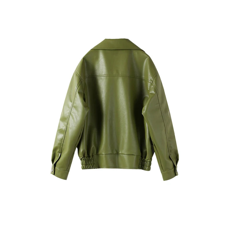 Fashion Green PU Leather Jacket Women Laple Zipper Loose Full Sleeve Single Breasted Cropped Coat 2024 New Lady Solid Streetwear