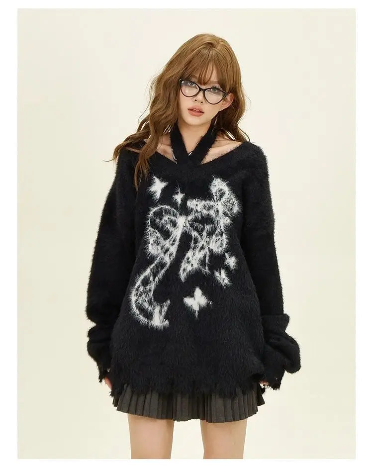 Winter American New Green Bow Neck Sweater Women Loose Print Pattern Vintage High Street Lazy Wind Knitted Sweater