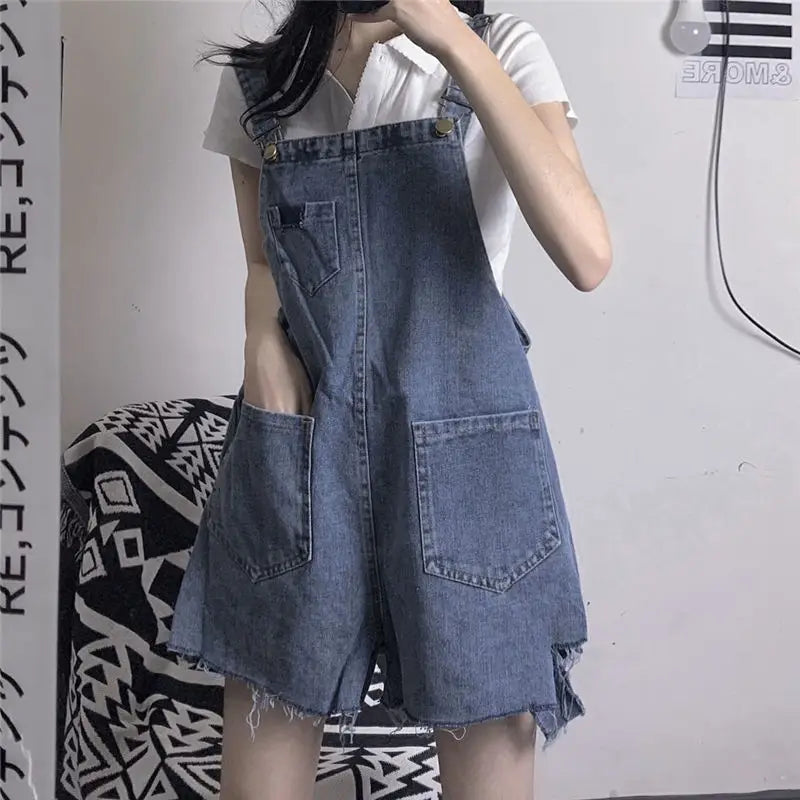 Denim Rompers Women Summer Baggy Solid Wide-leg Harajuku Students Stylish Empire Korean Style Pure Colors Female Sweet Playsuit