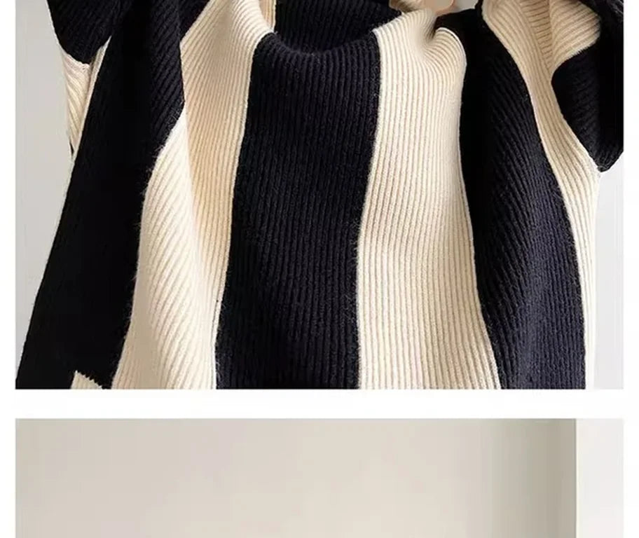 High-crowned Lazy Style Black White Stripe Wool Coat Women Autumn Winter Outdoor Warm Soft Cover Knitted Top Thick