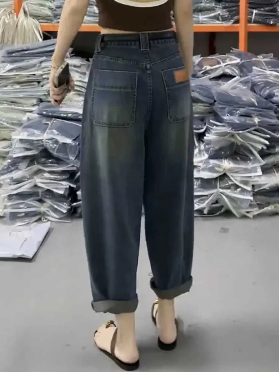 Loose Dad Jeans Women's Spring Summer New Sle Wide Leg Nine Points Harlan plus Size Slimming Trousers High Waist Denim