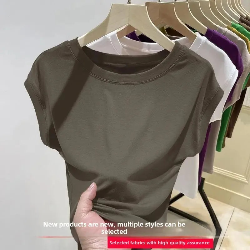 Short Sleeve Ice Silk T-Shirt Women's Loose Fashionable Youthful Small Flying Sleeve Top Knitted Crew Neck Other Pattern Types