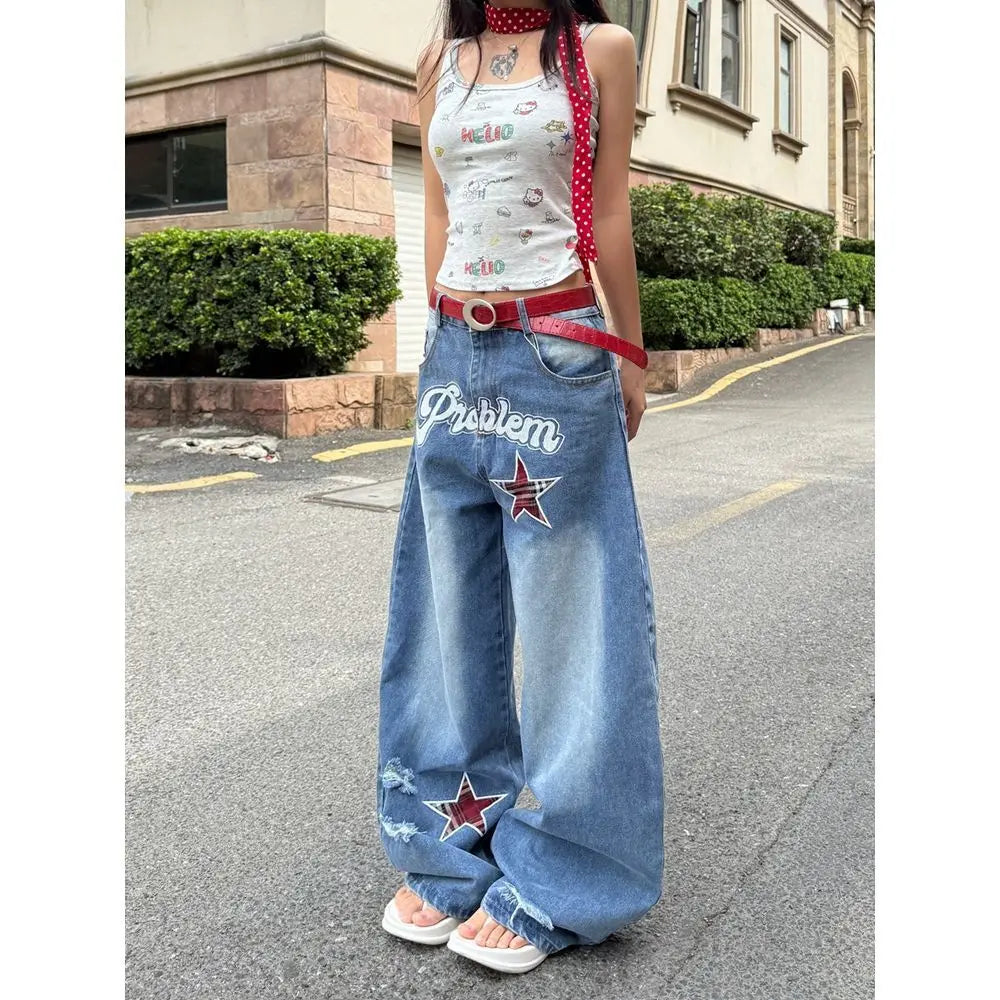 Blue Gothic Ripped Jeans Women Summer Baggy Aesthetic Denim Trousers Harajuku Oversize Jean Pants Vintage 2000s Trashy Clothes