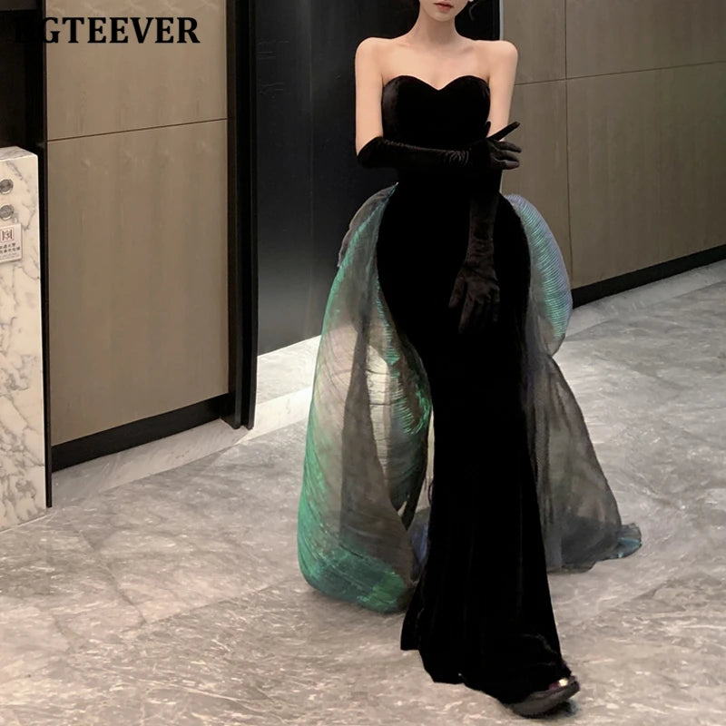BGTEEVER Fashion Spring Ladies Sleeveless Party Velvet Dress Elegant Slim Waist Women Floor-Length Package Hip Strapless Dress