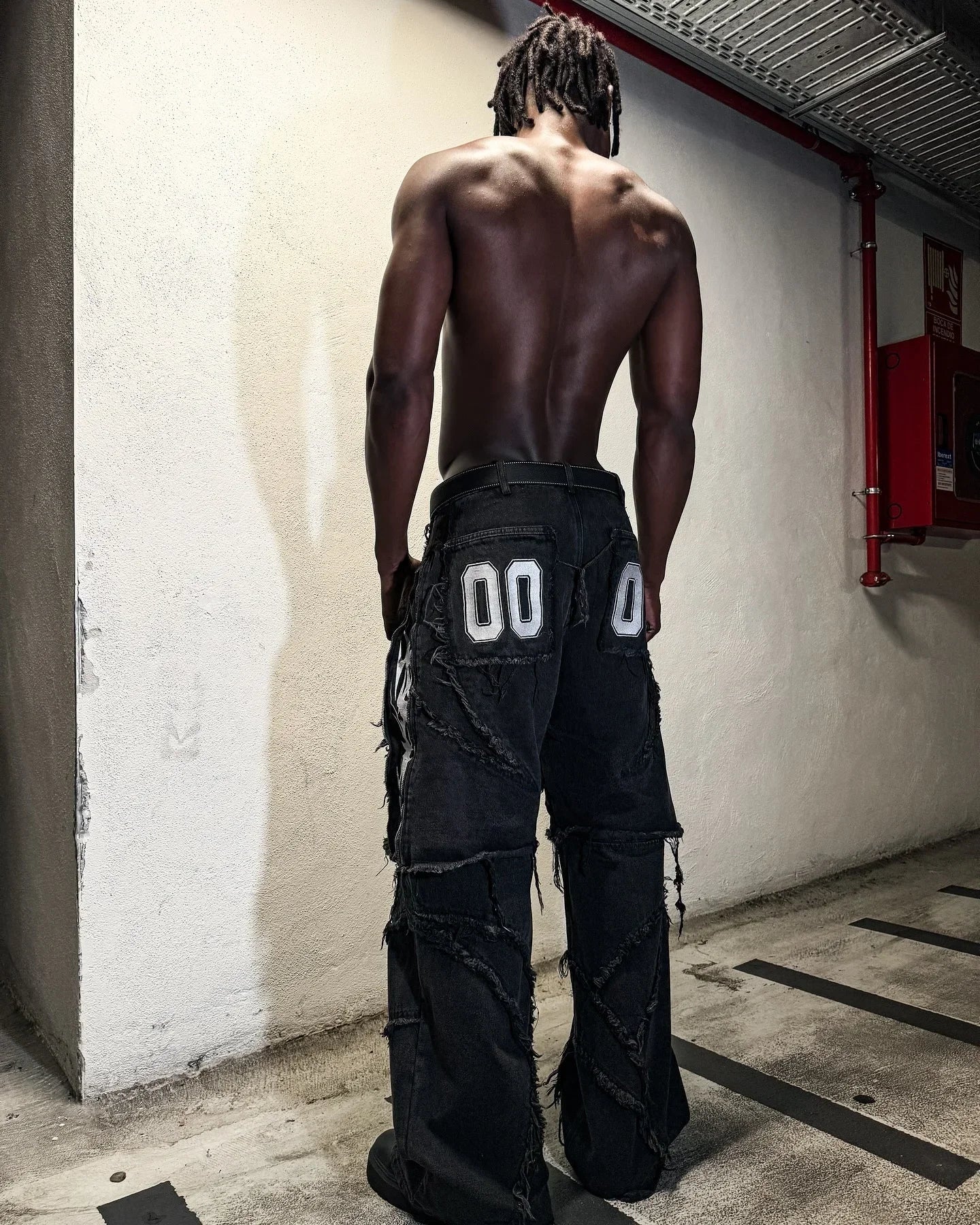 Y2k Patchwork Stripe Embroidery Fur Edge Jeans Fashion America Retro Zipper Splicing Baggy Jeans Punk Men Black Denim Pants