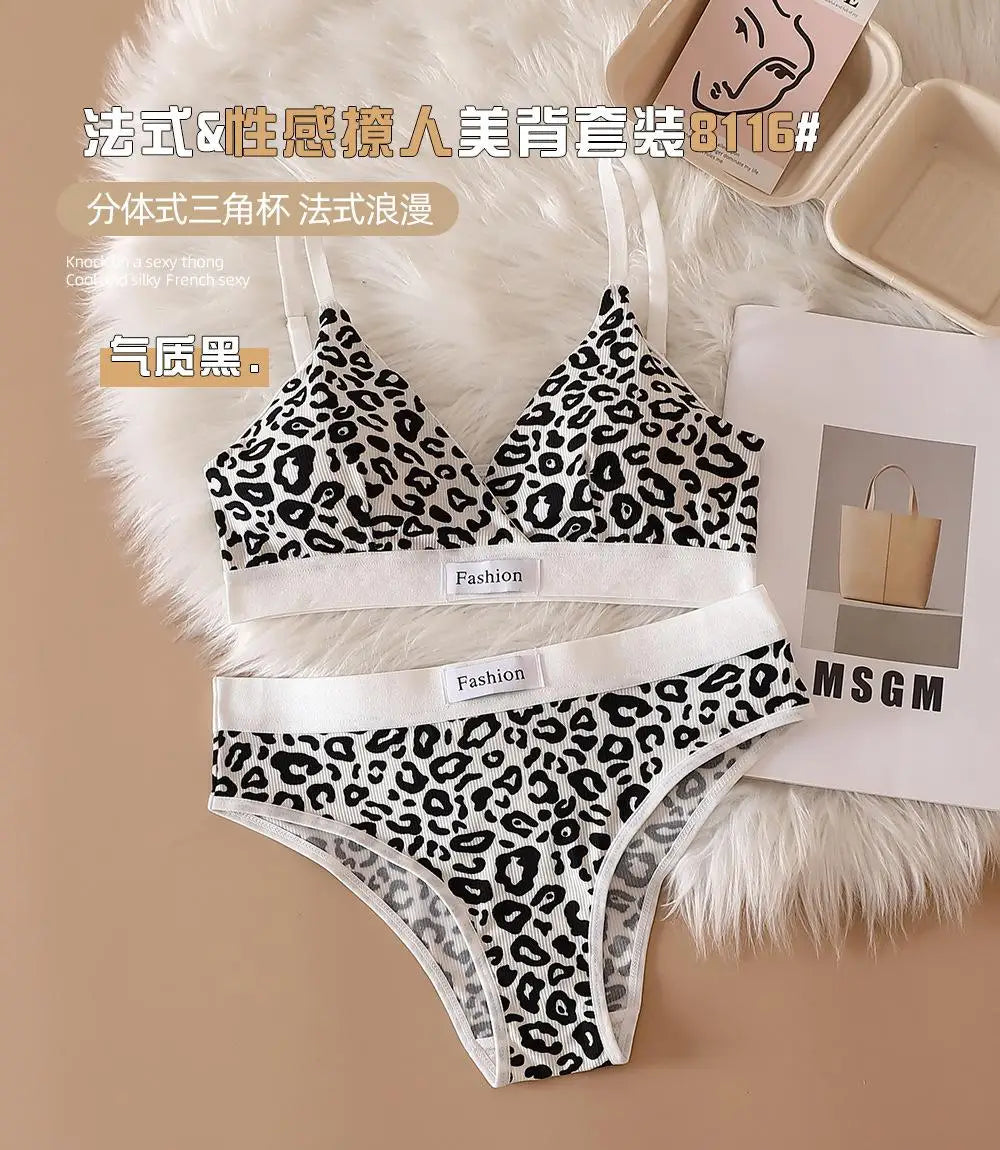 Bra Set Euro-American Sexy Leopard Print Seamless Steel Ring Bra French Adjustable Shoulder Straps Beautiful Back Underwear Set