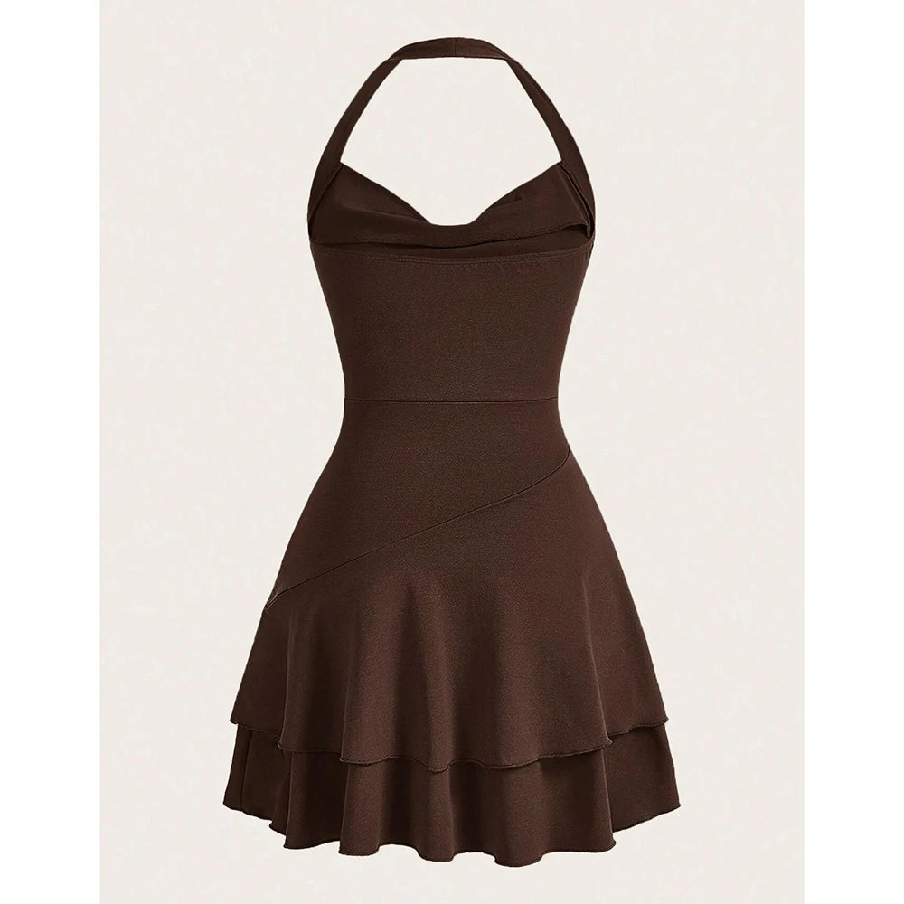 Mia Muse All Seasons Women's Dresses Elegant Basics Halter Neck Ruffle Pleated A Line Mini Dresses