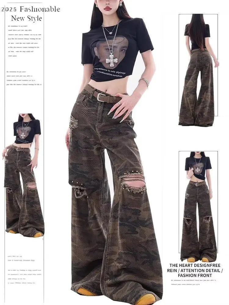 Meigao Street Ripped New Retro Loose Camouflage Ripped Jeans Women's Design Straight-Light Wide Legs