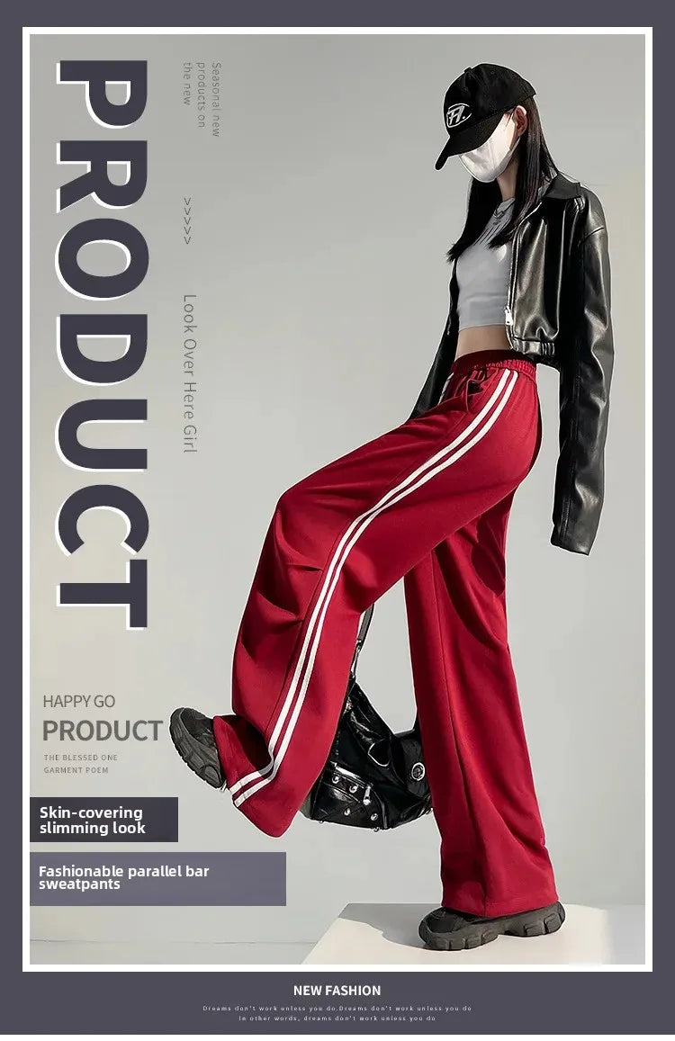 New 2025 American Stripe Sports Pants Women's Spring Autumn Wide Leg Loose Jazz Dance Casual Parachute Long Trousers