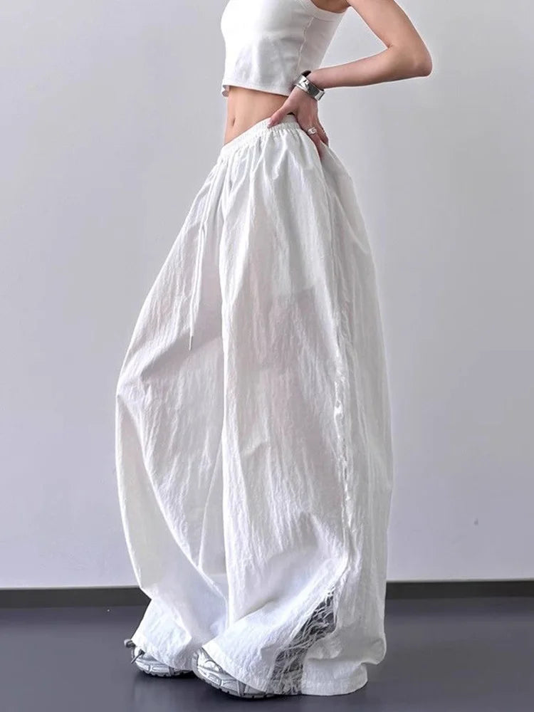 Jmprs Lace Patchwork Wide Leg Pants Women Oversize Streetwear High Waist Vintage Trousers Korean Casual Summer Sweet Retro Pants