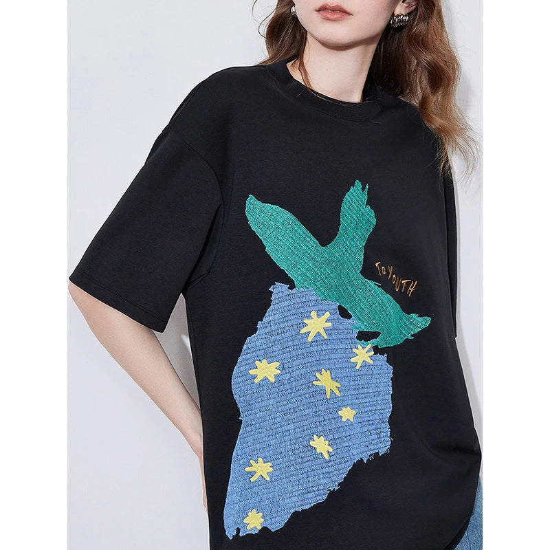 TOYOUTH Women Short Sleeve T-shirt 2025 Spring New Striped Strawberry Embroidered Round Neck Loose Pullover Tops