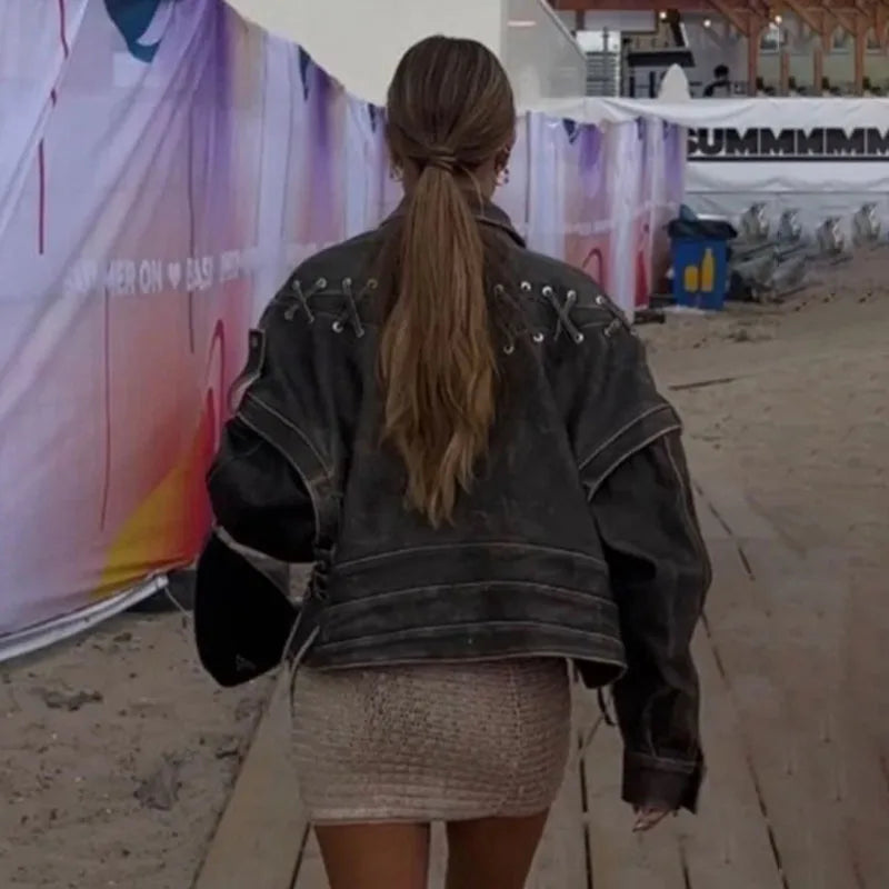 TARUXY Retro Braid Leather Jacket Coat For Women Lace Up Splice Motorcycle Style Short Jackets Long Sleeve Slim Streetwear Coat