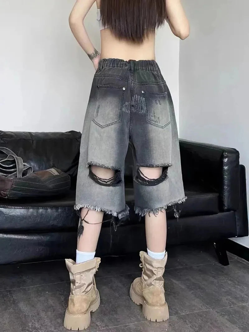 Zoki Harajuku Hole Y2K Denim Shorts Women Streetwear Vintage Gradient Jeans Shorts American Retro Bf Hip Hop Design Shorts New