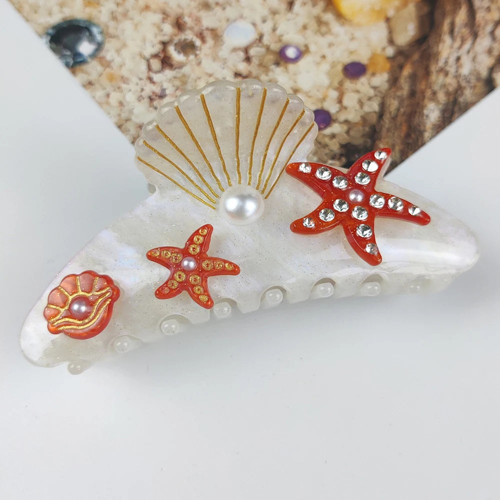 Sea Series Large Hair Claws Clip Diamond Starfish Conch Hair Clips Acetate Hair Accessories Handmade