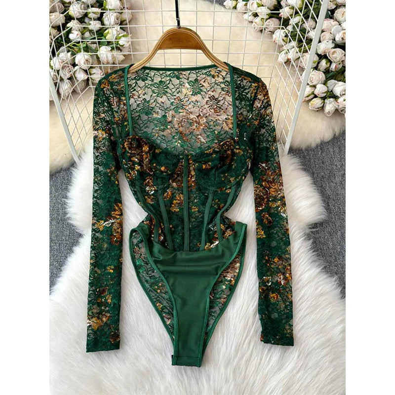 Women's Green Lace Jumpsuits Vintage Skinny Playsuits Harajuku Long Sleeve Square Collar Exotic Sexy Rompers Coquette Clothes
