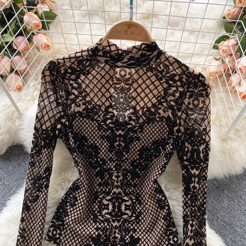 Autumn New Floral Print Bodysuit for Women Fashion Streetwear Elegant Stand Collar Long Sleeve Tight Fit Mesh Body Top Chic 2024