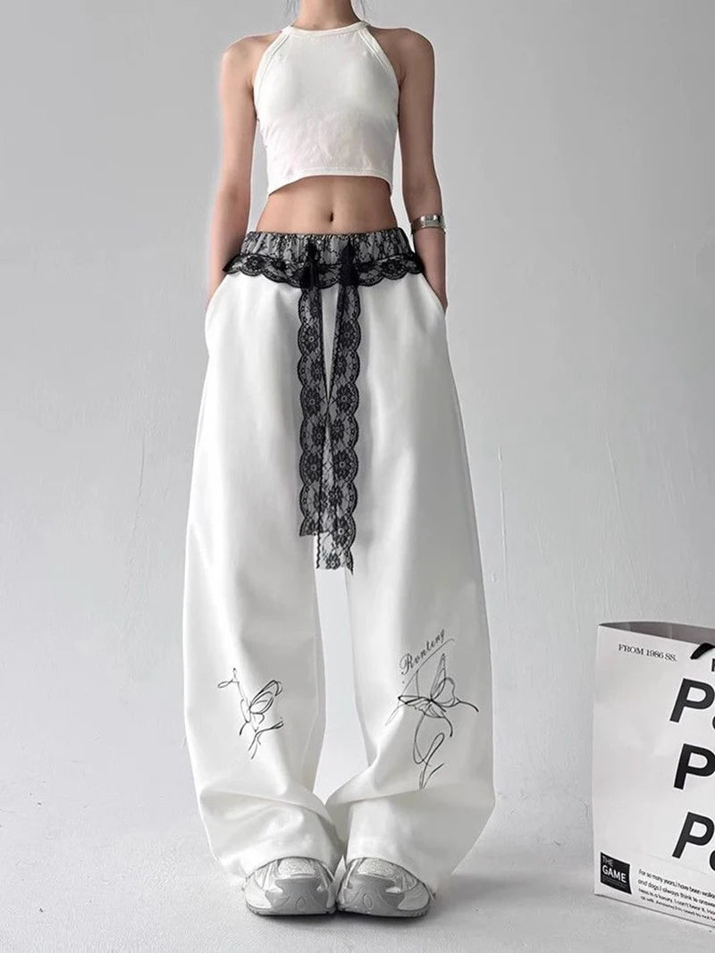 Zoki Vintage Bufferfly Y2K Sweatpants Women Loose High Waist Lace Patchwork Pants Streetwear Retro Casual Bf Harajuku Trousers