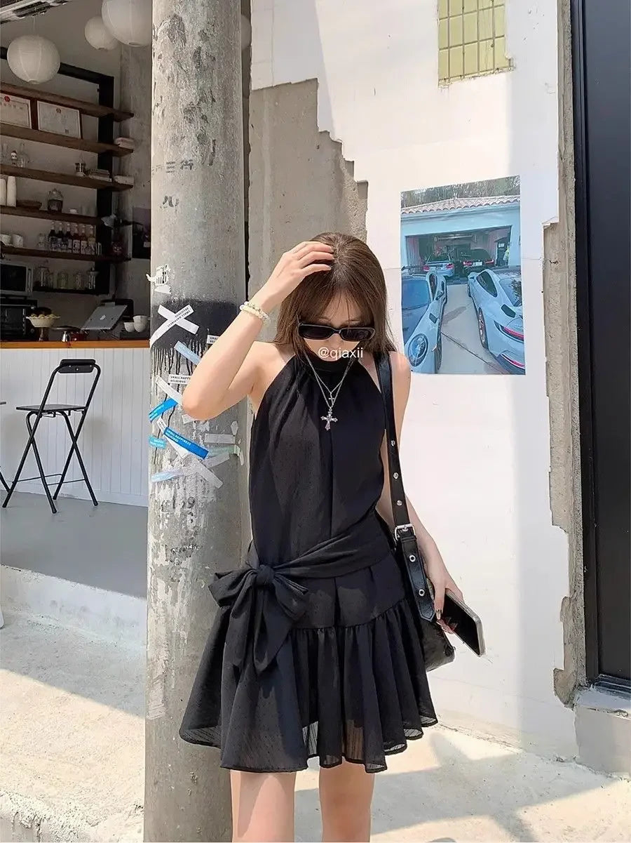 French Style Off-Shoulder Blue Summer Dress Women's Fashion Knot Waist A- Line Mini Skirt Black Short Skirt Sleeveless Gown