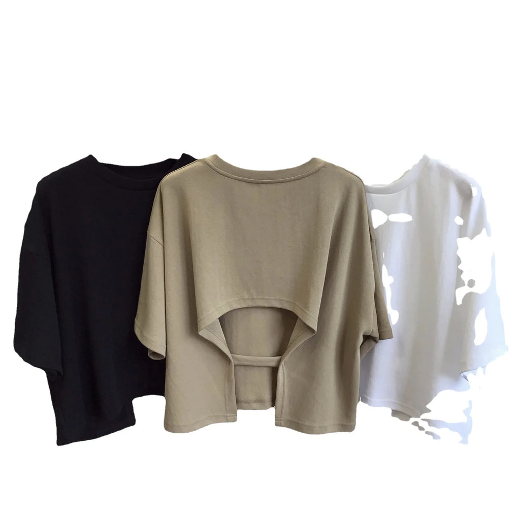 Trendy Women's Open-Back Cropped T-Shirt Sweet Spicy Style Korean Version 2023 Summer New Round Neck Loose Fit Short Sleeves Top