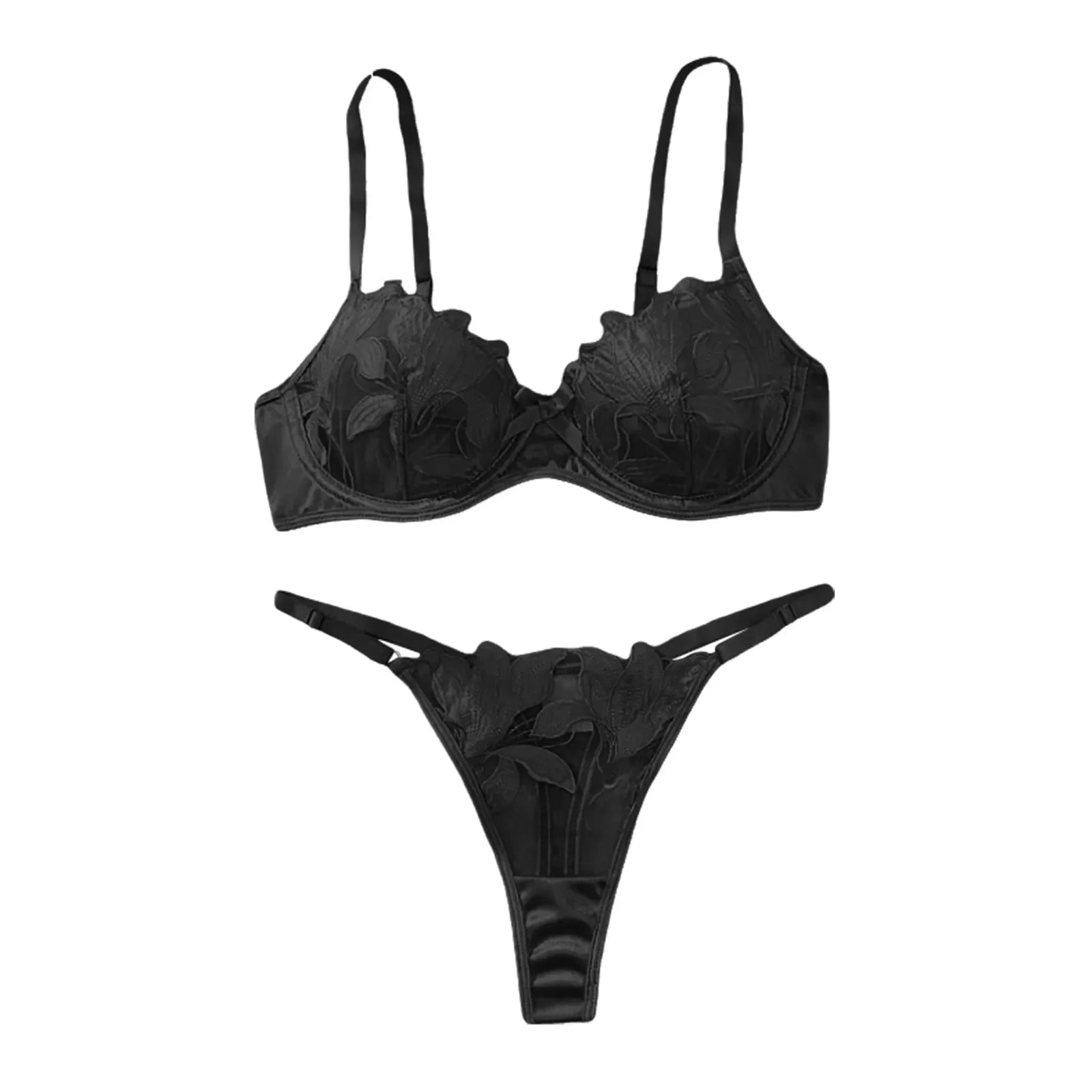 Women'S 2 Piece Lingerie Set Floral Embroidered Lace Sexy Satin Mesh Ingerie Bra And Panty Set Negligee Lingerie Sexy