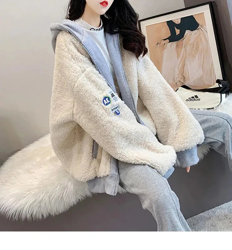 Imitation Lamb Wool Zipper Coat Woman Hoodies Y2k Clothes Sweatshirt Streetwear Korean Fashion Autumn Winter Jacket New Loose
