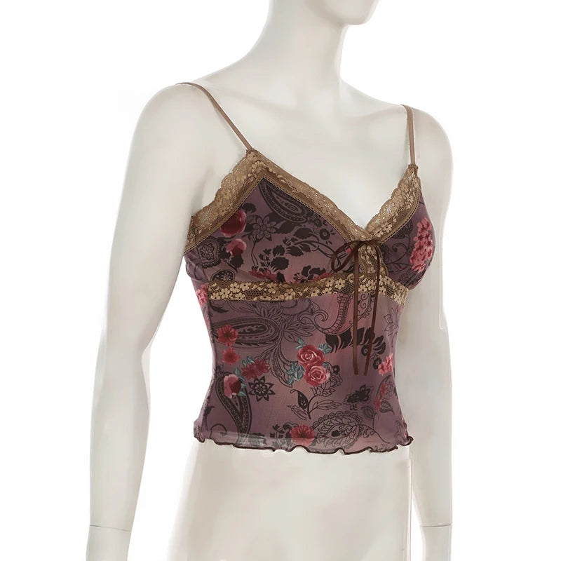 Rockmore Vintage Tulle Patchwork Floral Print Camis Women Mesh Lace Cross V Neck Crop Top Y2K Aesthetic Female Backless Corset
