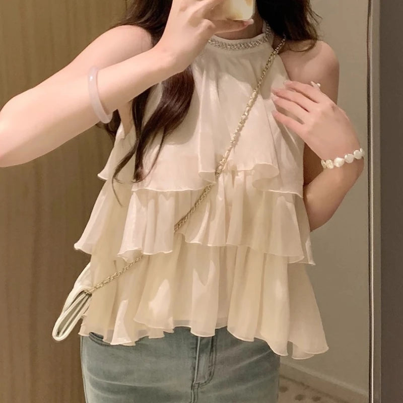 OCEANLOVE Halter Ruffles Blouses Women Tops Solid Summer Korean Fashion Sweet Blusas Mujer Sleeveless Loose Vintage Shirts