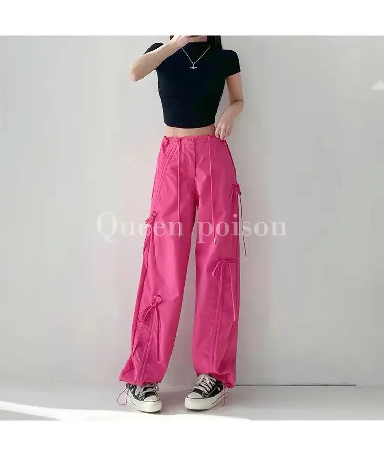 American Style Women's Summer Cargo Pants With Bowmint Green Drawstring Casual Bell Bottoms New 2024 Fashion Trend Long Pants