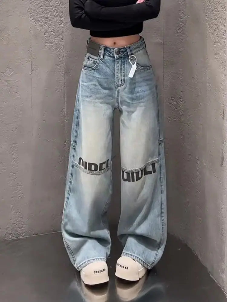 Letter Print High Waited Jeans Woman Street Harajuku Vintage Y2k Pants Women Trousers Casual Wide-leg Baggy Jeans Women