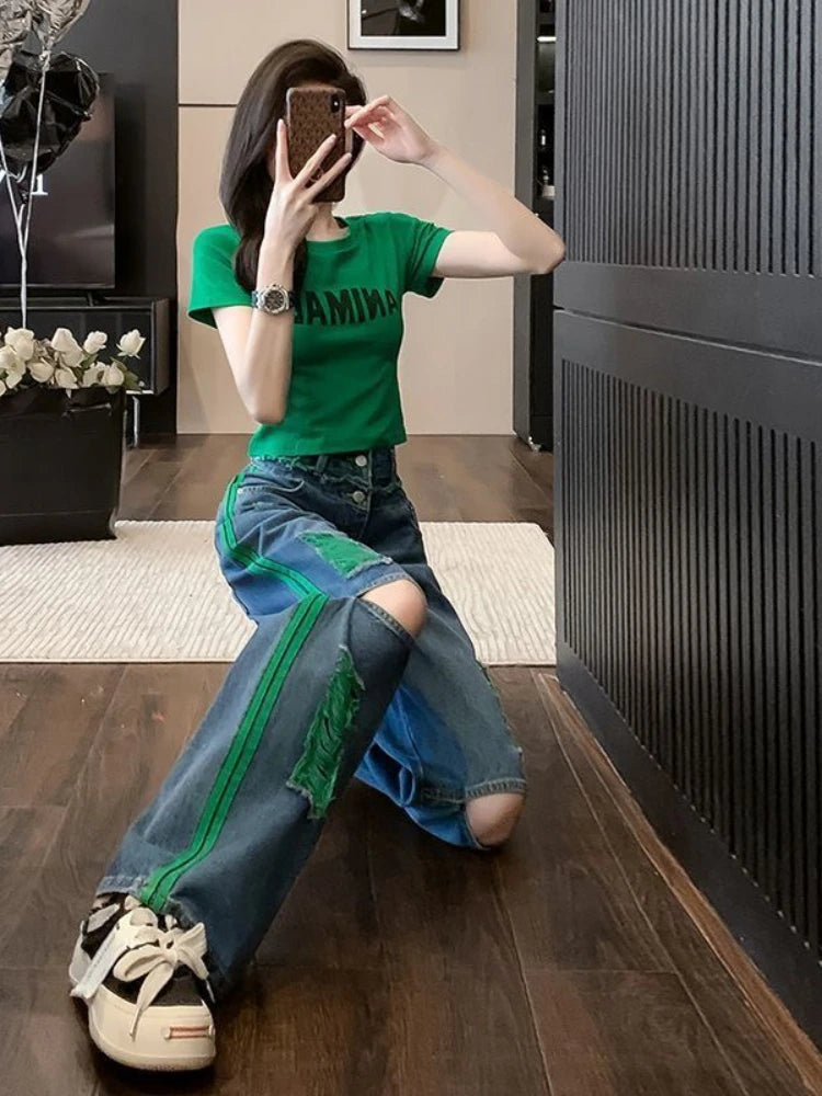 Wide Leg Denim Pants for Women Straight High Waist Shot Trousers Loosefit Fitted 2025 Quality Korean Fashion Woman Ripped Jeans