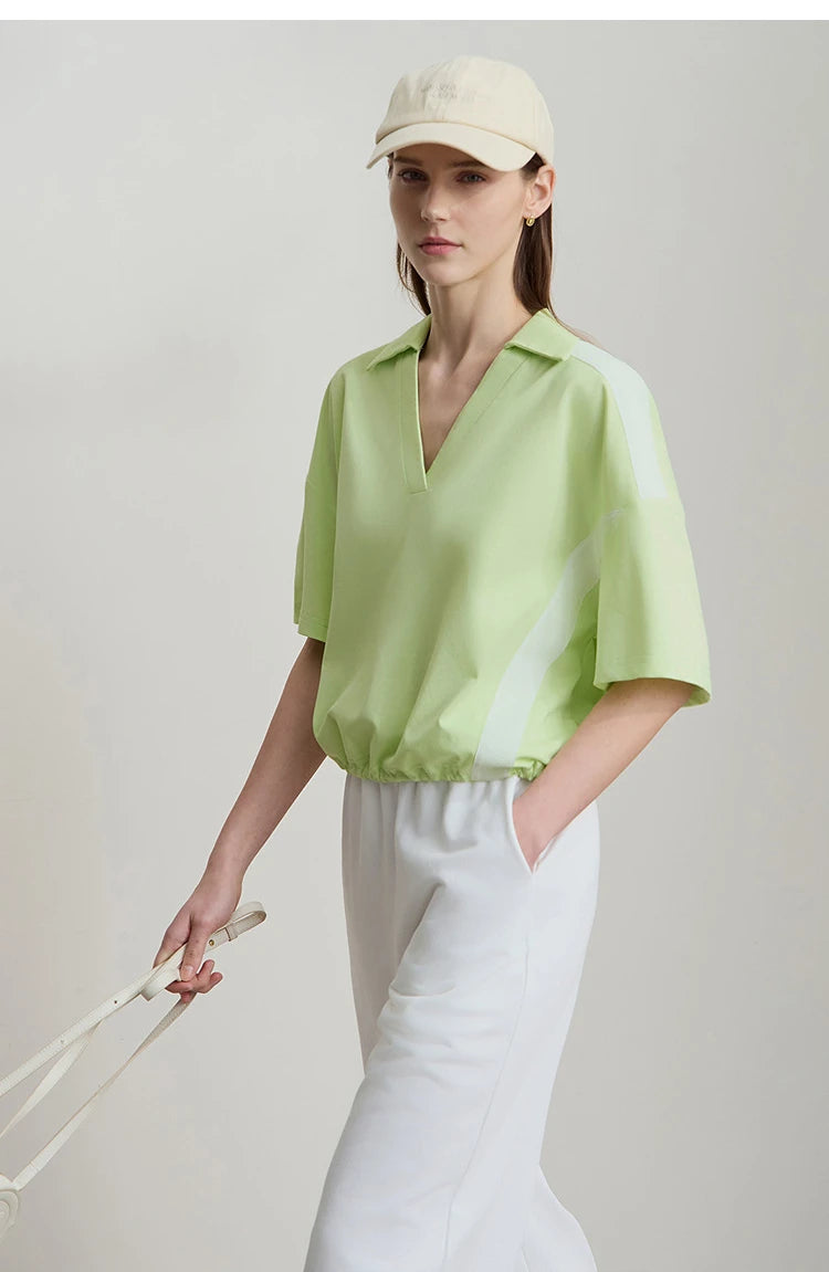 Amii Minimalist Cotton T-Shirts For Women 2025 Summer New V-Neck Pullover Loose Short Shoulder Sleeve Chic Commute Tops 12552001