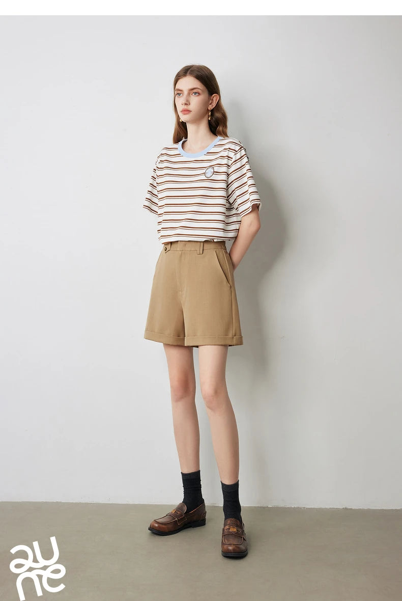 TOYOUTH Women Striped Short Sleeved T-shirt 2024 Summer New Academy Style Round Neck Top