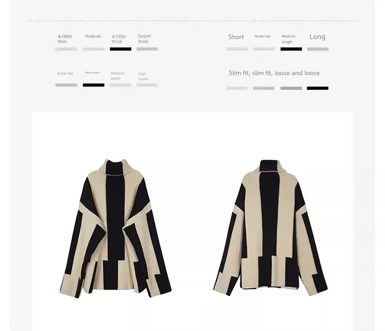 High-crowned Lazy Style Black White Stripe Wool Coat Women Autumn Winter Outdoor Warm Soft Cover Knitted Top Thick