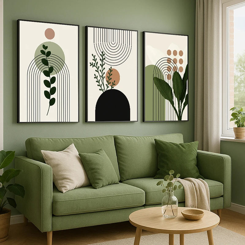 3 Piece Botanical Wall Art Set Modern Green Minimalist  Fresh Plant Canvas Prints for Living Room or Bedroom Home Decor