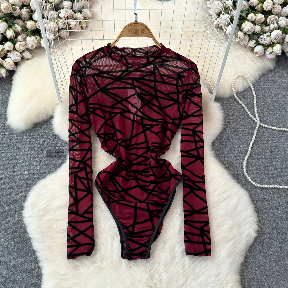 Foamlina Sexy Hollow Out Mesh Bodysuits for Women Fashion Striped Print Stand Collar Long Sleeve Slim Fit Club Party Jumpsuits